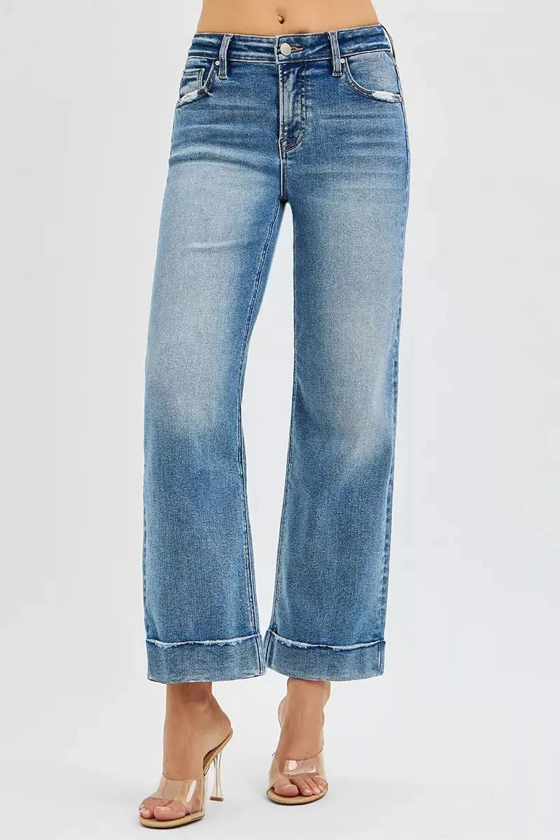 RISEN Jeans - Full Size Mid Rise Crop Straight Jeans with Taylor Cuffed Jeans