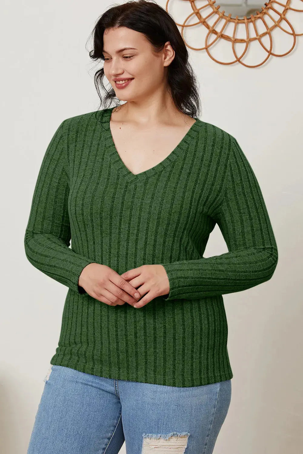 Basic Bae Full Size Ribbed V-Neck Long Sleeve T Shirt for Women
