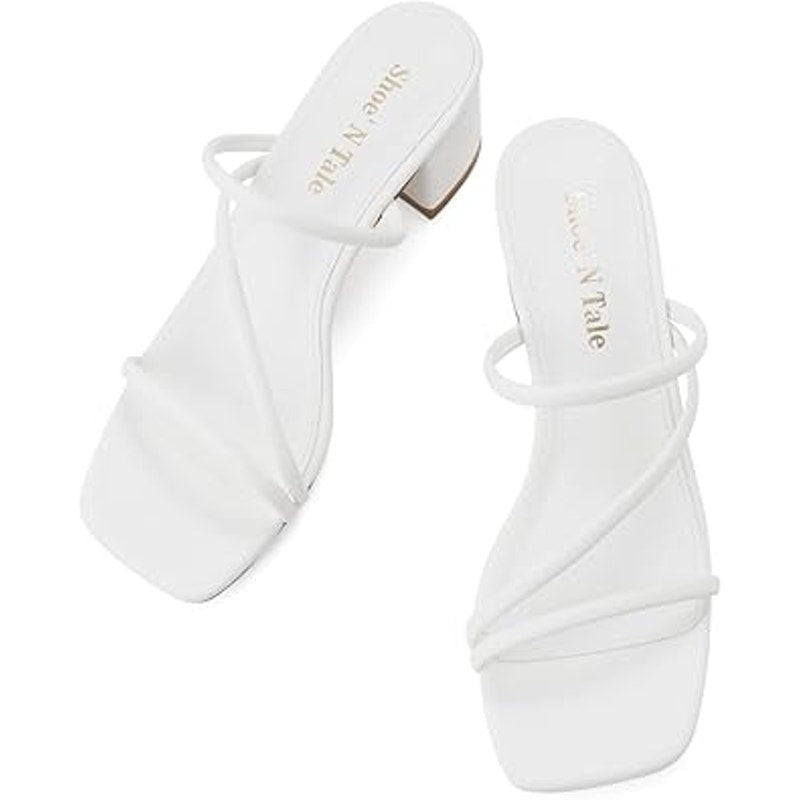 Shoe'N Tale Womens 6.5 White Faux Leather Open Toe 2.25" Heel Slide On Sandals