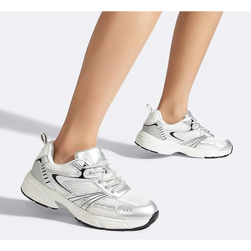 Lucky Step Womens Size 9 White Silver Mesh Lace Up Air Cooled Athletic Shoes
