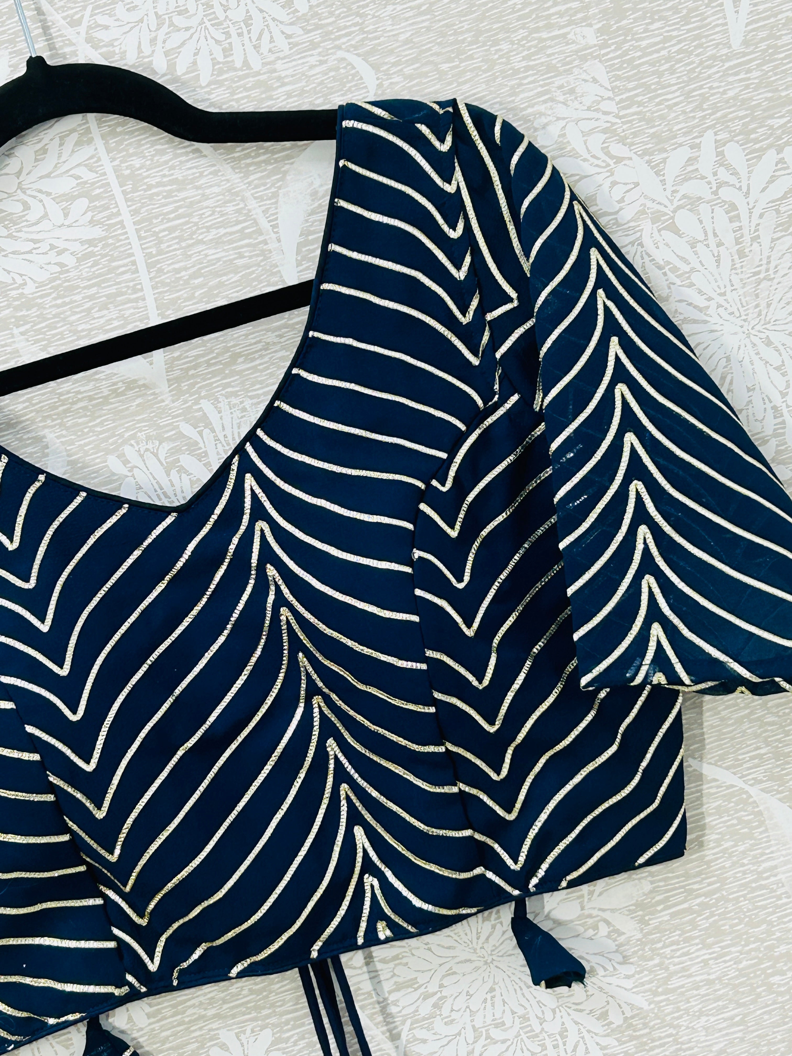 Dark blue chiffon blouse with goat Patti work
