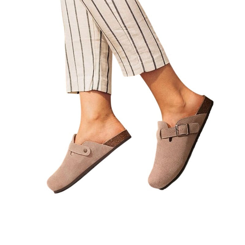 Kidmi Womens 7.5 Beige Suede Clogs Open Round Toe Adjustable Strap Slip On Shoes