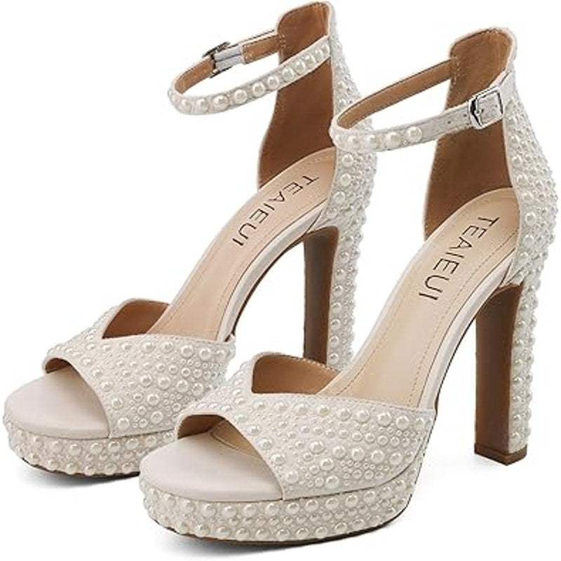 Teaieui Womens 7.5 White Pearl Open Toe 5" Heels Platform Block Sandals Shoes
