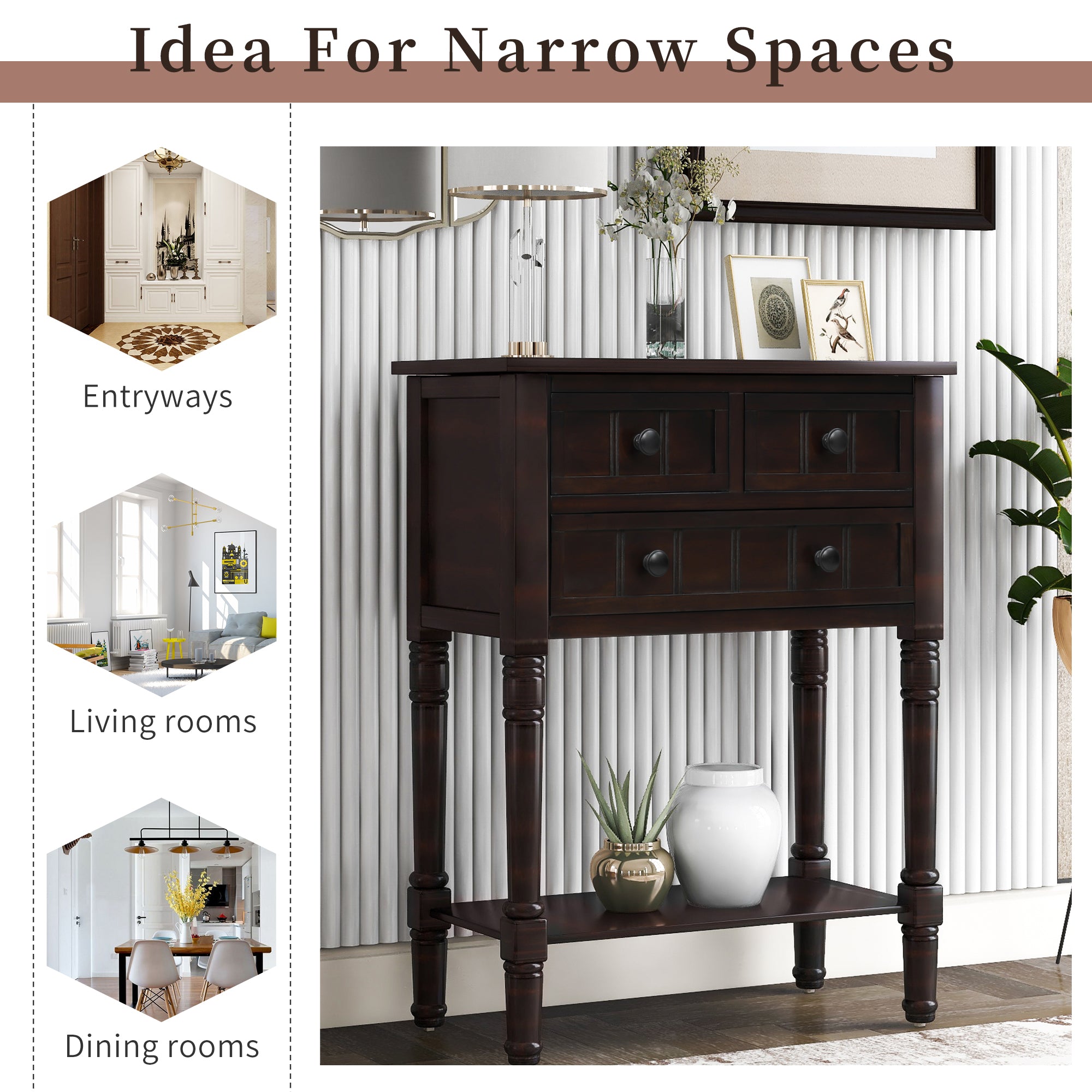 TREXM Narrow Console Desk, Ultra Thin Sofa Table with Three Storage Drawers and Living Room Bottom Shelves (Espresso)