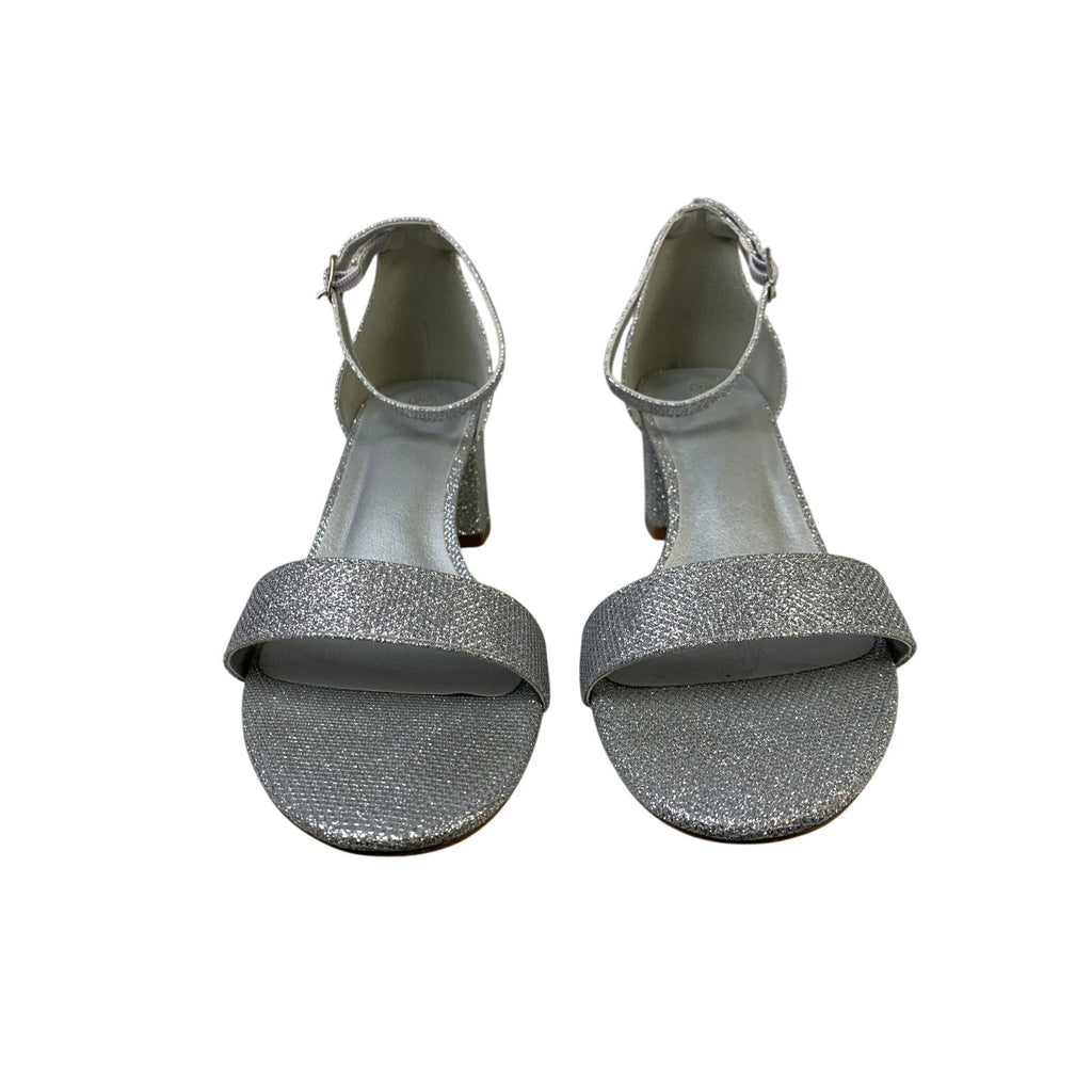 Womens Size 9 Silver Glitter 2.5" Chunky Heel Open Round Toe Ankle Strap Shoes