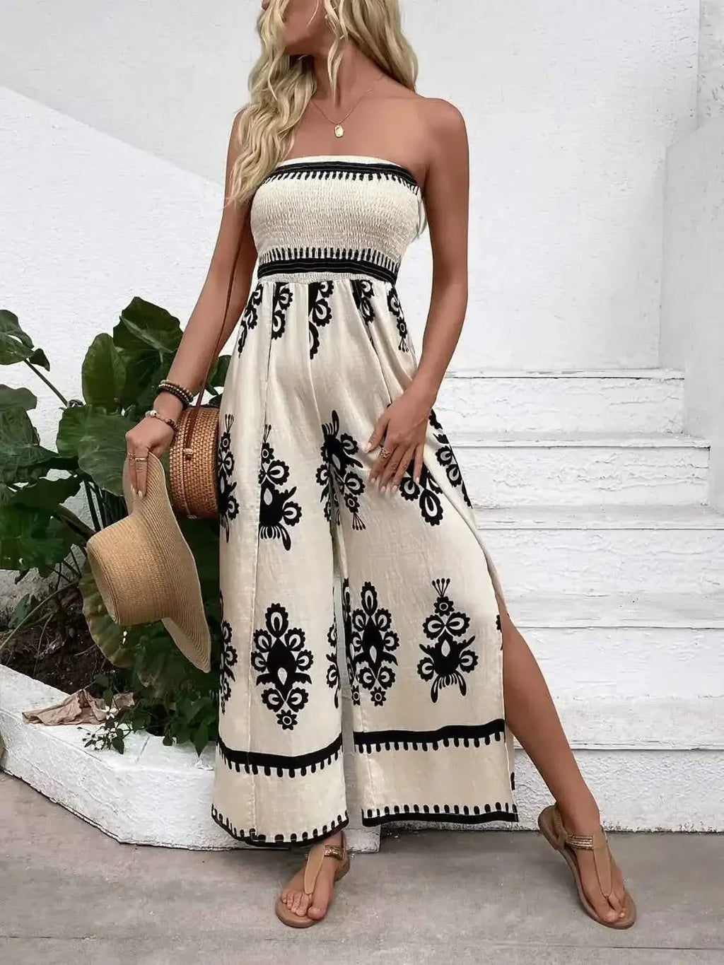 Smocked Printed : Wide Leg Jumpsuit