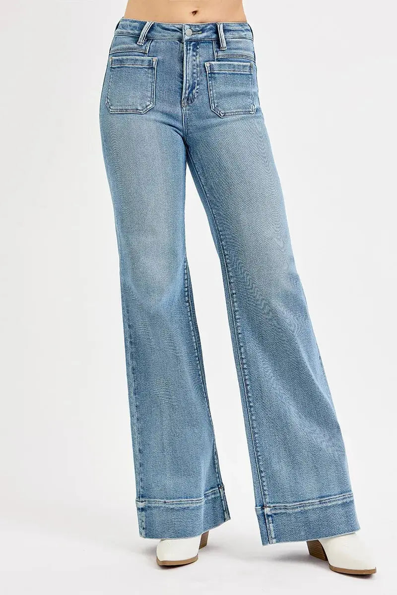 High Waist Wide Flare Patch Pocket RISEN Jeans – Full Size
