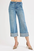 Full Size Tummy Control High Rise Ankle Wide Cuffed Jeans Plus Size