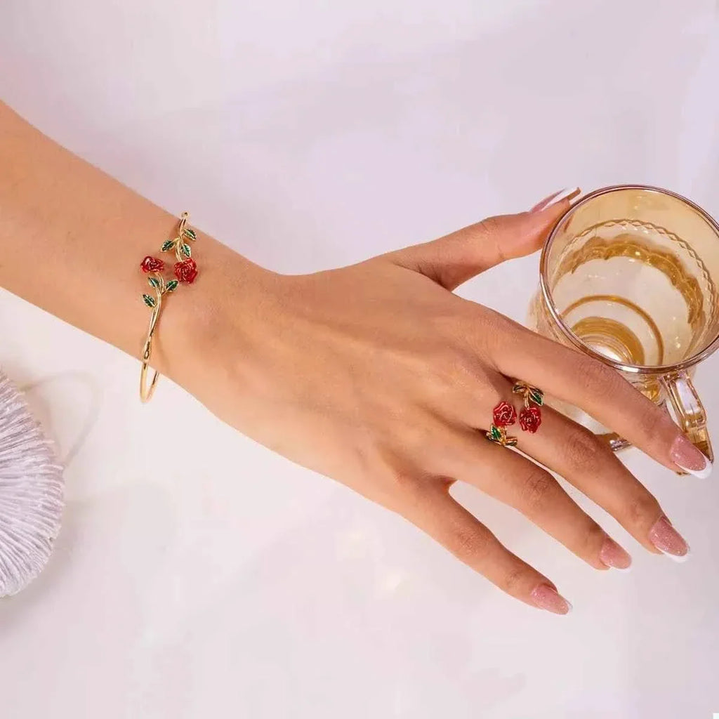 Rose Bypass Ring and Bracelet Jewelry Set