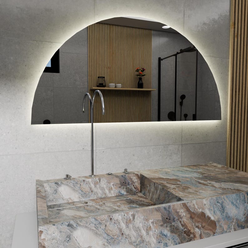 LED Bathroom Mirror with Backlight – Half Arch Modern Vanity Mirror, Dimmable Wall Mirror with Warm & Cold Light