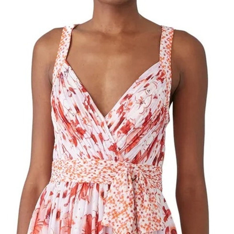 Badgley Mischka Size 14 Pink Floral Cris Cross Back Deep V Flowy Maxi Dress Gown