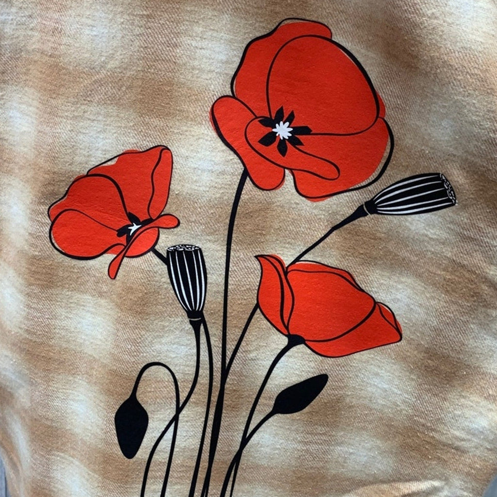New Hand Printed Womens Small Red Poppy Flower Long Sleeve Plaid Flannel Hoodie