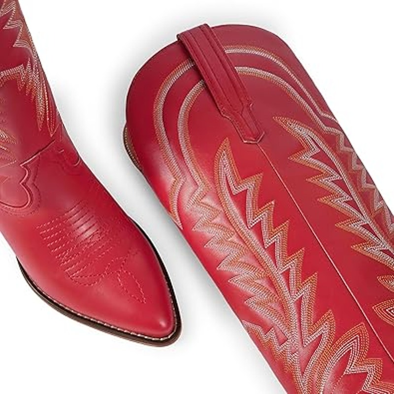Isnom Womens Size 7.5 Red Faux Leather Embroidered 2" Block Heel Cowboy Boots