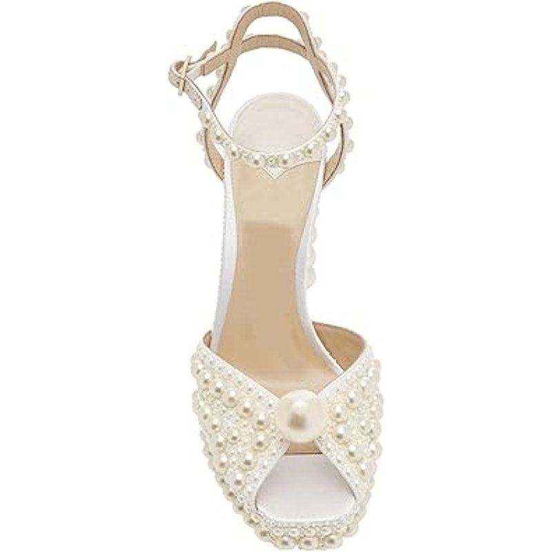Goolita Womens Size 10.5 White Pearl Open Toe 5" Platform Heel Ankle Strap Shoes