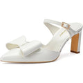 Geluboao Womens Size 7.5 White Faux Leather 3.5" Heel Closed Toe Bow Pump Shoes