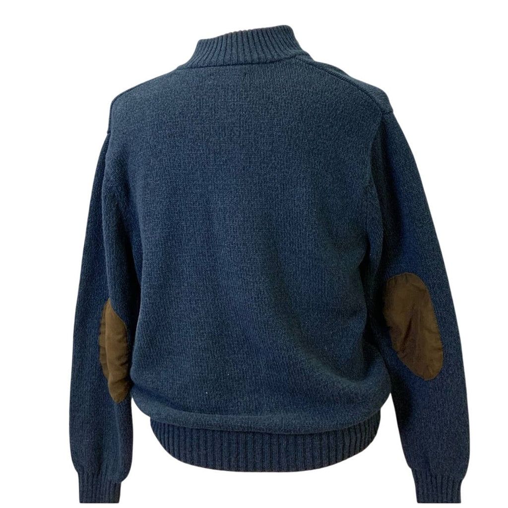 Chaps XL 1/4 Button Navy Blue 100% Cotton Knit Sweater w Leather Elbow Patches