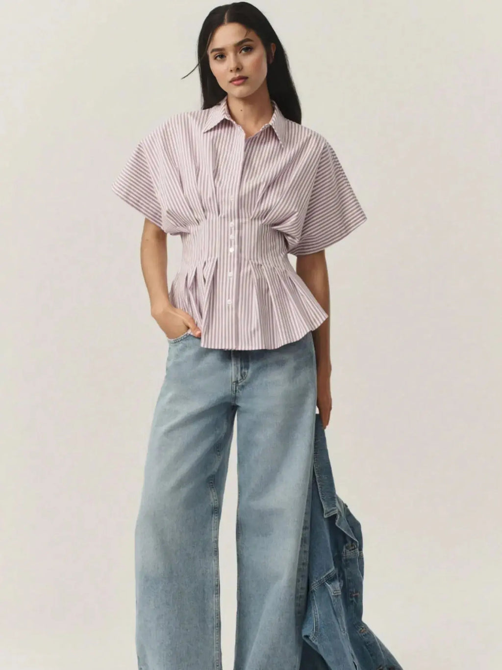 Pinstripe Puff Sleeve Cinched Waist Button Up Shirt