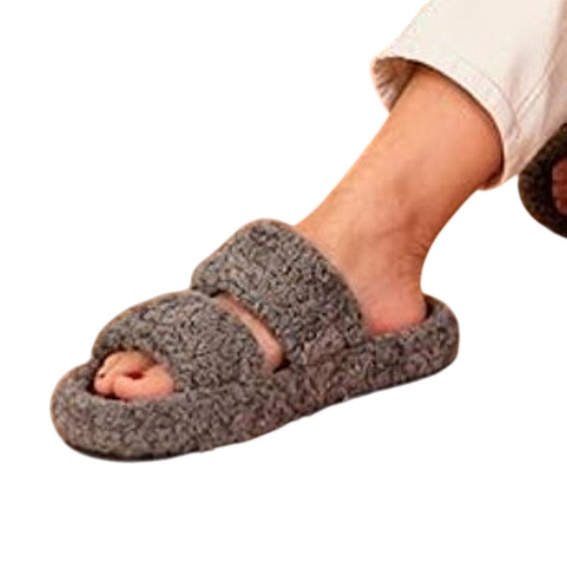 New EverFoams Womens Size 9/10 Gray Fuzzy Open Toe Memory Foam Slide On Slippers