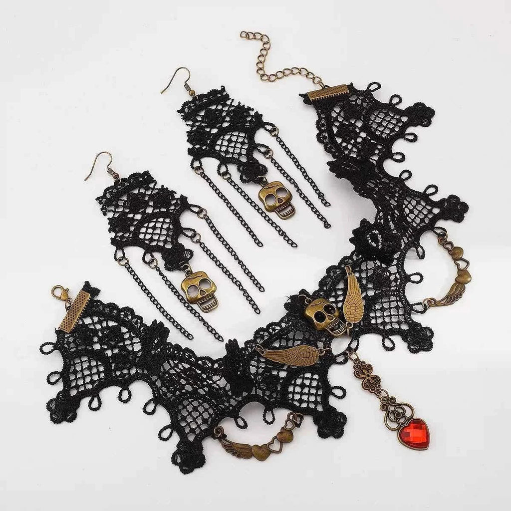 Halloween Lace Skull Necklace : Earrings Jewelry Set