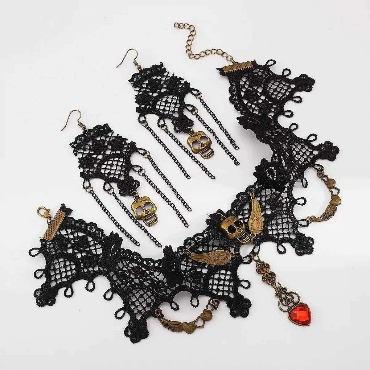 Halloween Lace Skull Necklace : Earrings Jewelry Set
