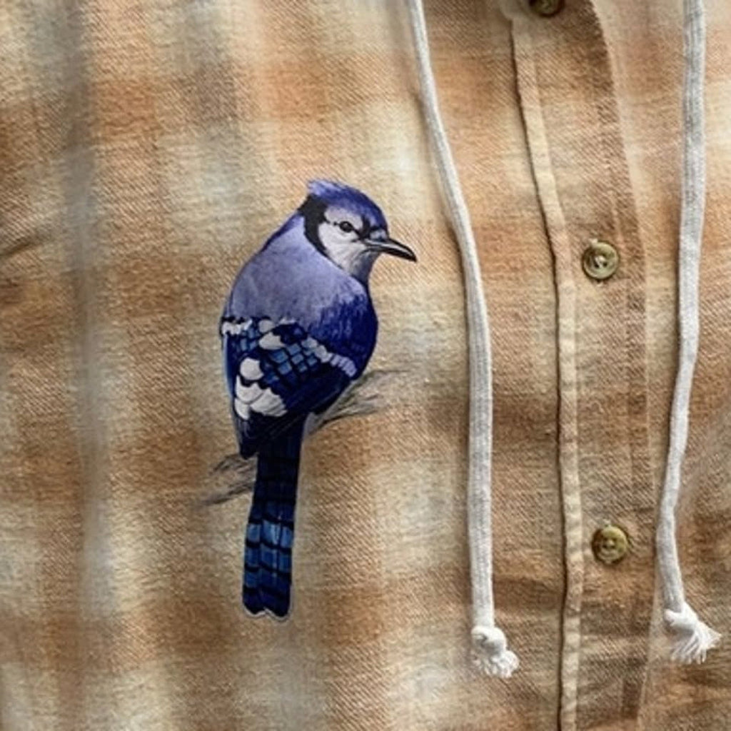 New Hand Printed Womens Large Blue Jay Bird Plaid Flannel Long Sleeve Hoodie