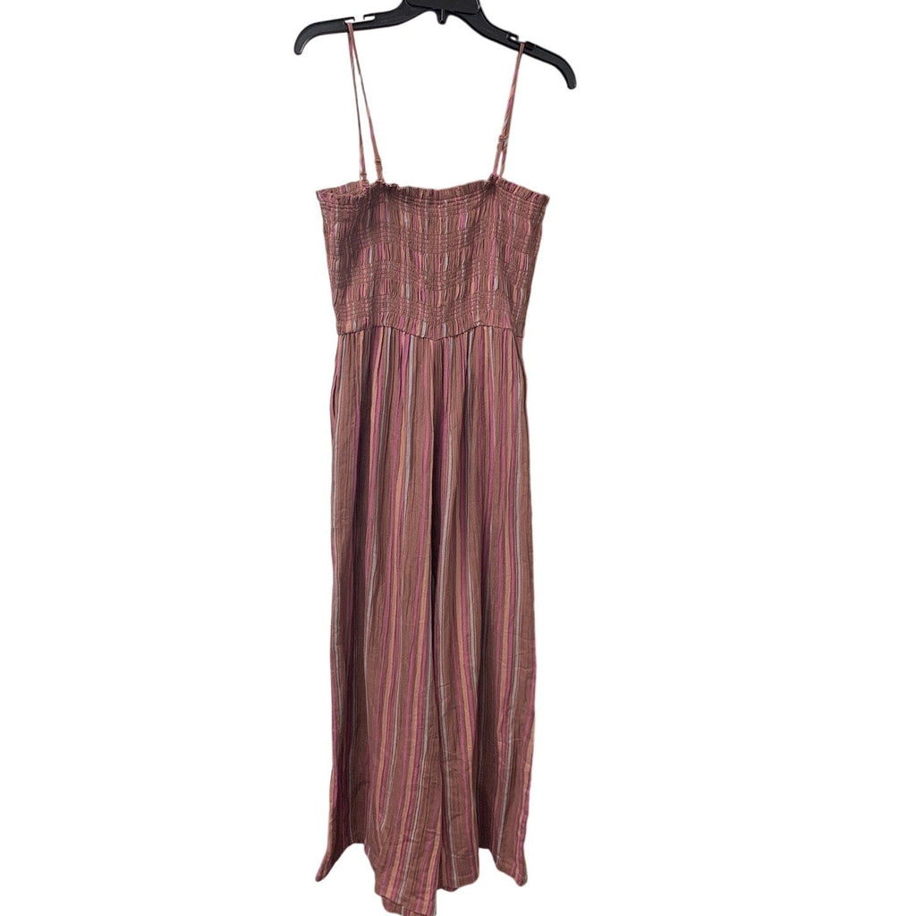 American Eagle Womens Medium Brown Pink Striped Smocked Wide Leg Long Jumpsuit