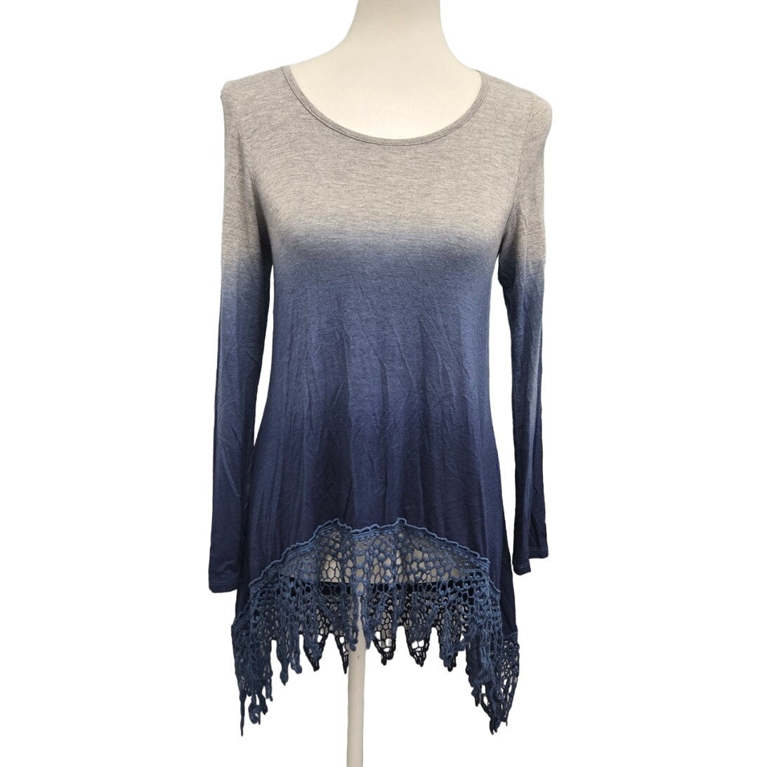 Vintage Havana Womens Medium Rayon Spandex Ombre Dyed Long Sleeve Lace Hem Shirt