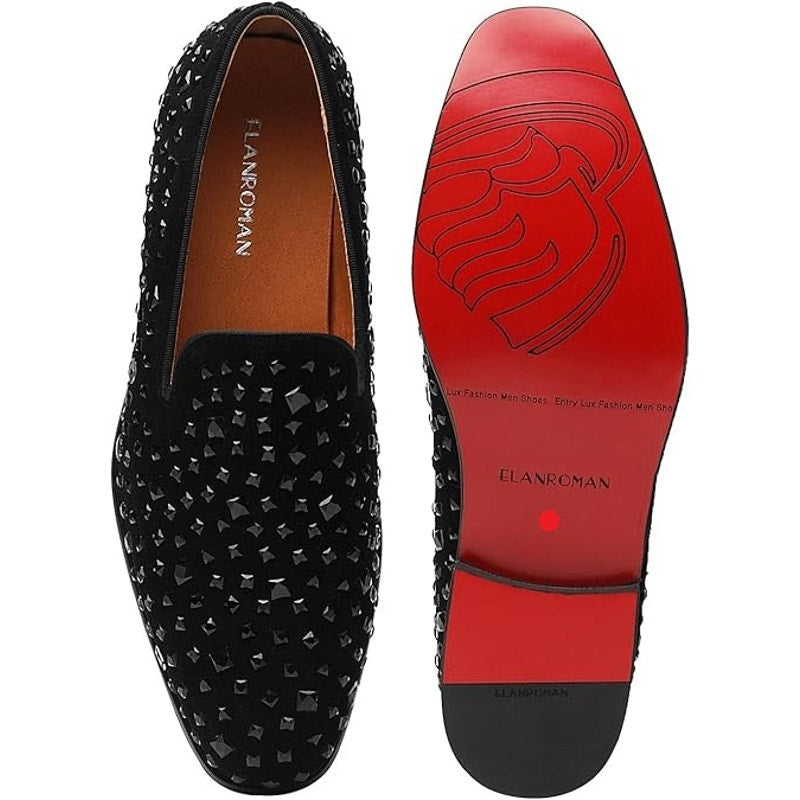 New Elanroman Mens Size 10 Black Rhinestone Tuxedo Slip On Wedding Loafer Shoes