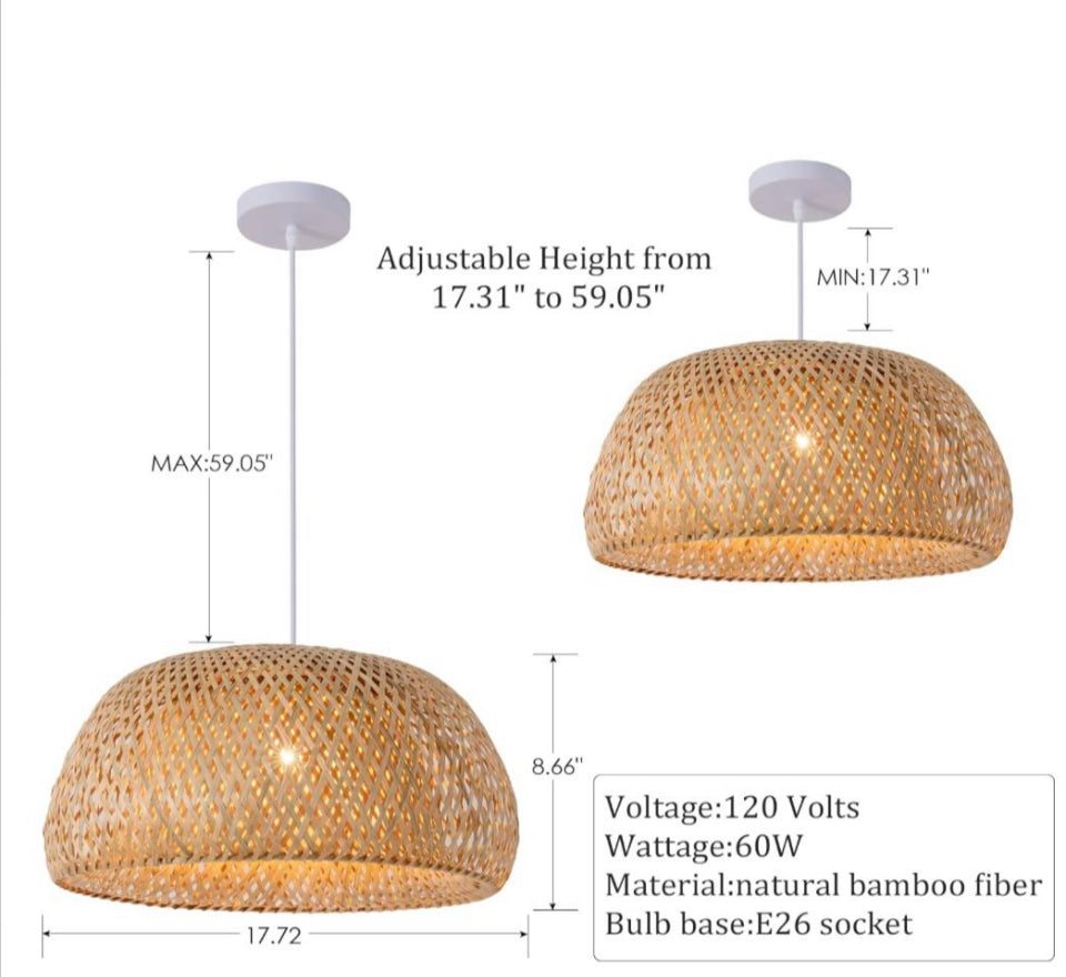 Teru Ji Kaikang Hand Woven Bamboo Pendant Light, 17.7"Bamboo Rattan Ceiling Hanging Light, for Living Room Kitchen Dining Room Farmhouse