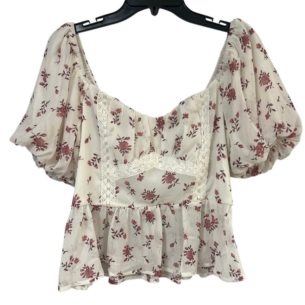 New Francescas Womens Medium Cream Pink Floral Boho Blouson Cottage Smocked Top