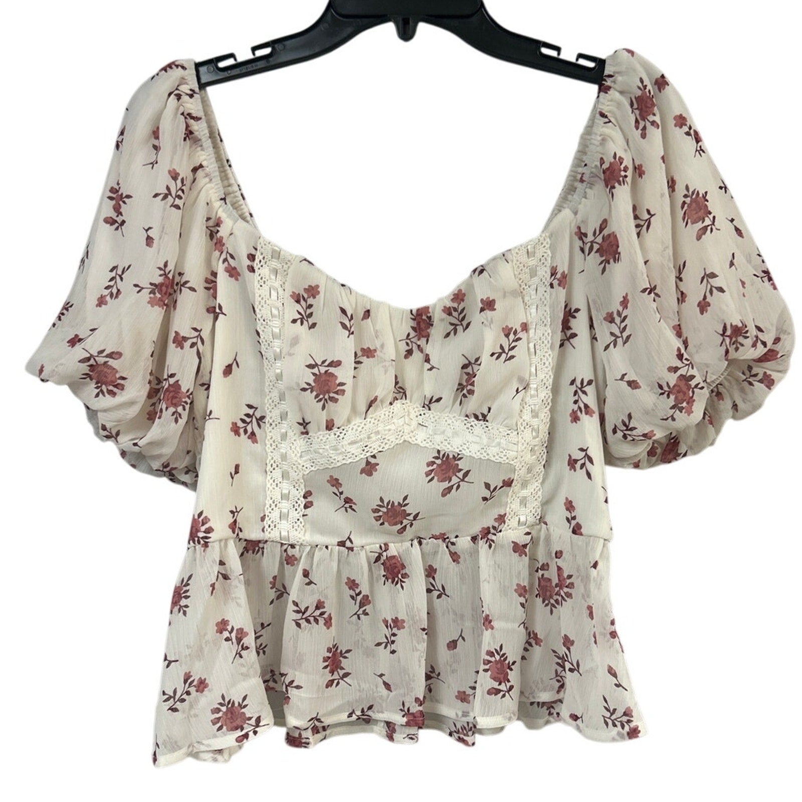 New Francescas Womens Medium Cream Pink Floral Boho Blouson Cottage Smocked Top