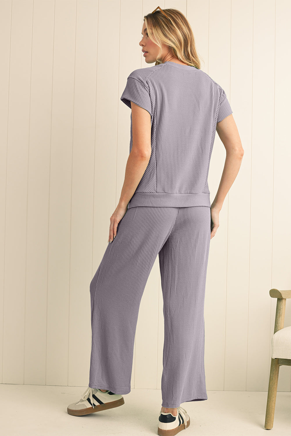 Luxury Solid Corded Short Sleeve T Shirt And Wide Leg Pants Set