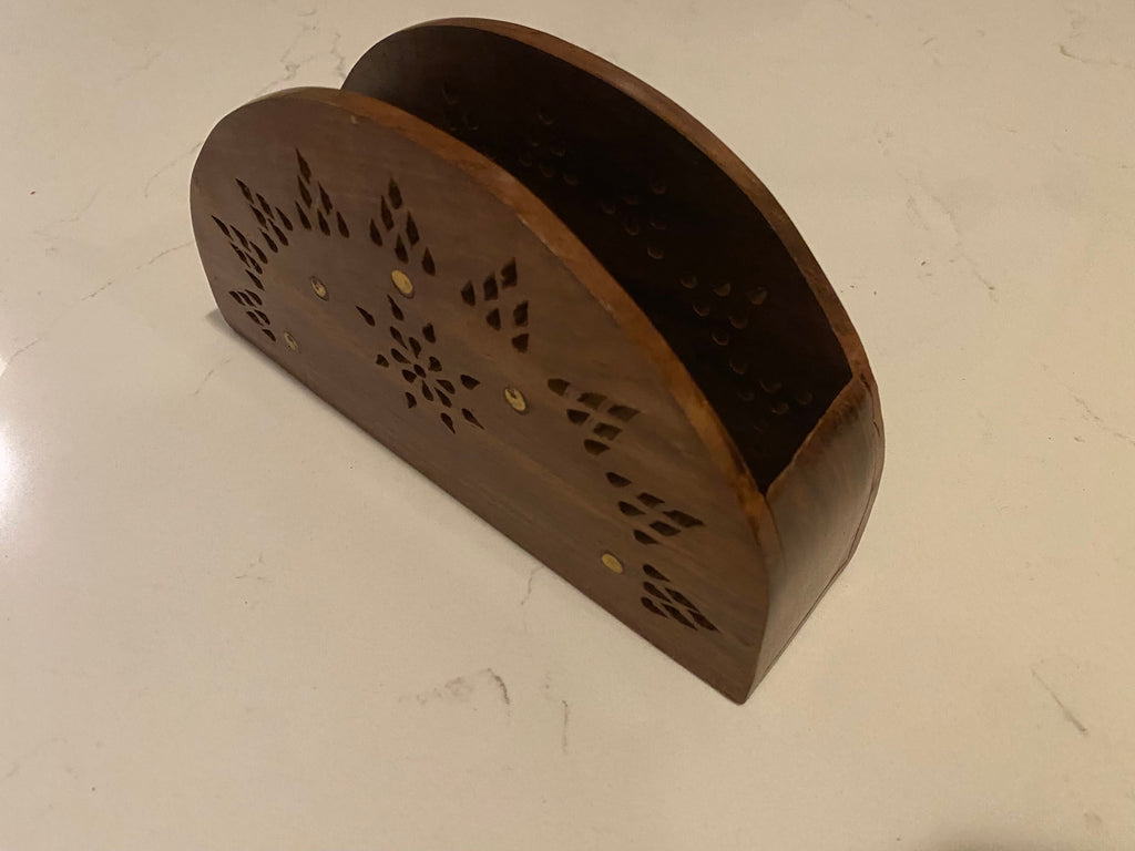 Vintage Wooden Paper Tissue Box Napkin & Tissue Holder Box Brass Inlay