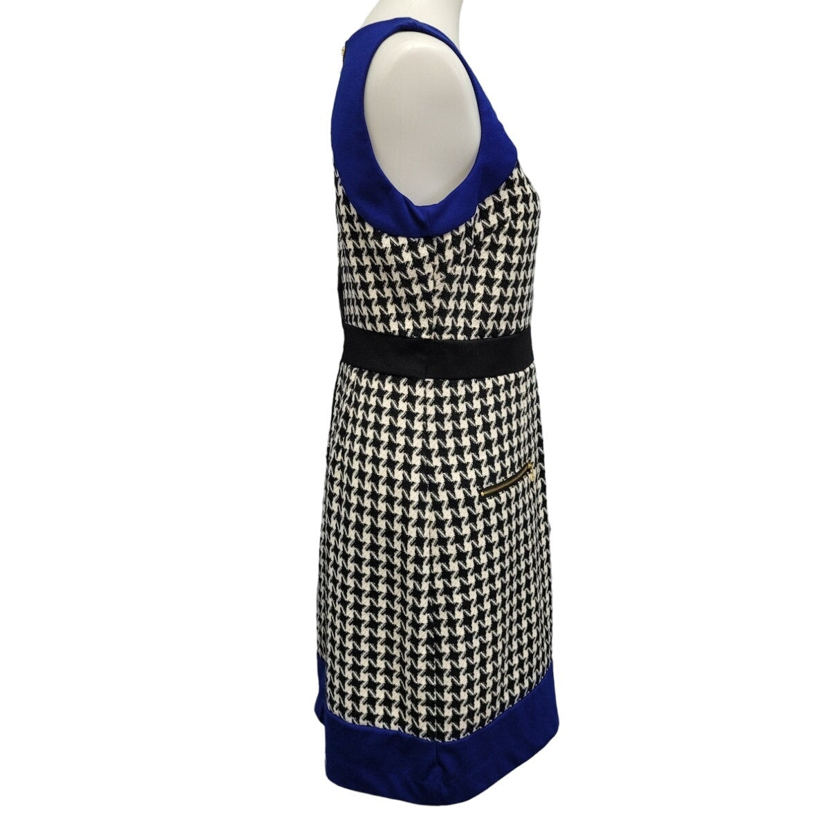 Beige Eci Size 8 Sleeveless Houndstooth Acrylic Career Knee Length Sheath Dress