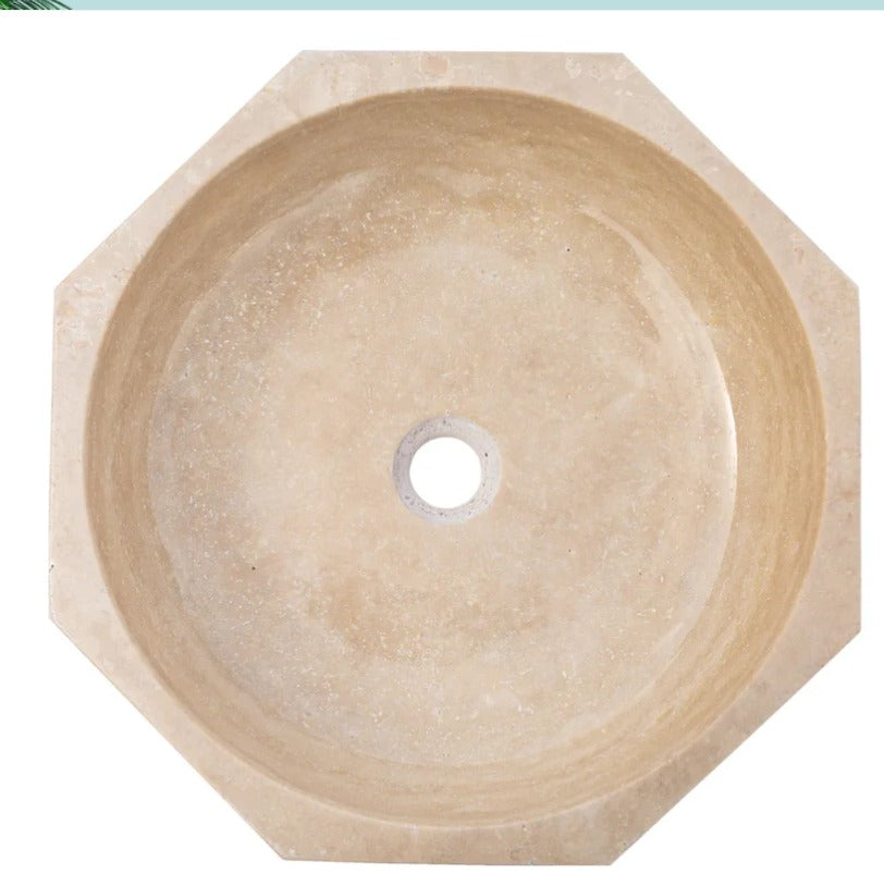 Travertine Vessel Sink | Octagon Natural Stone Bathroom Basin | Luxury Beige Marble Sink