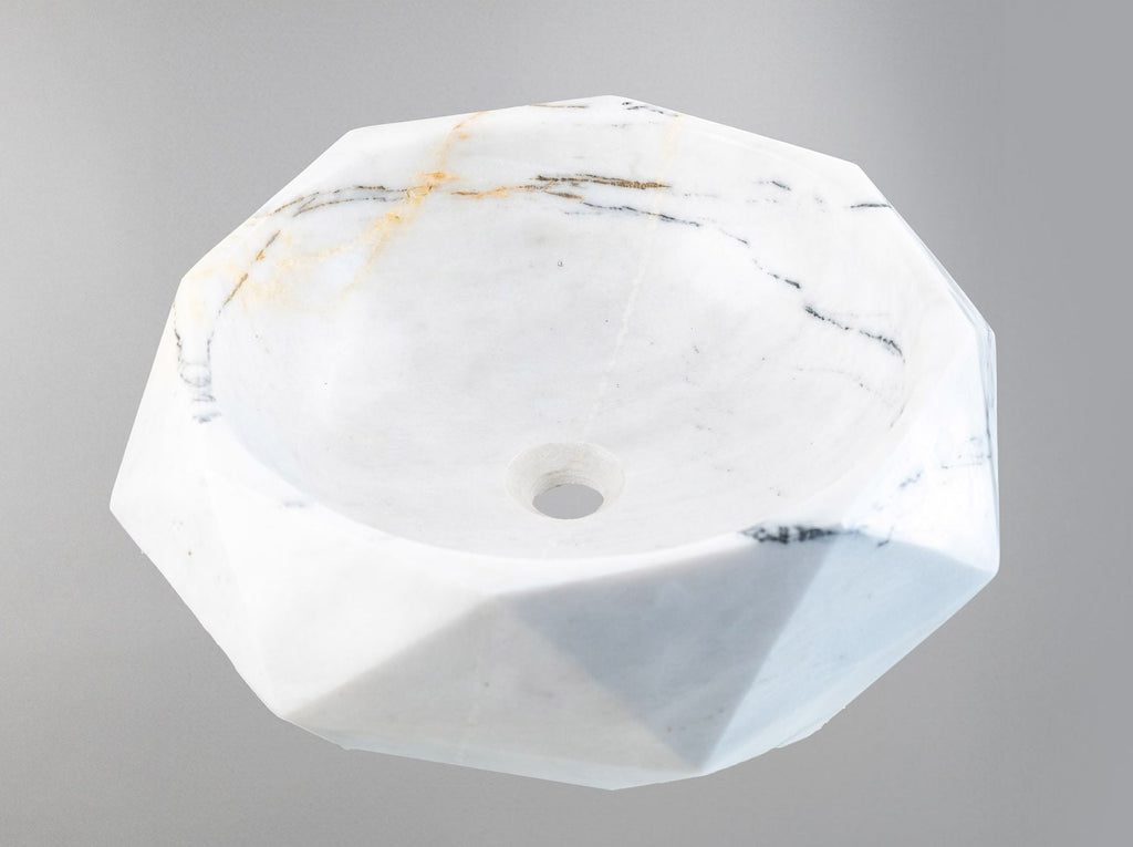 Modern Marble Vessel Sink | Geometric Bathroom Basin 16.5x16.5 USA | Luxury White Stone Sink