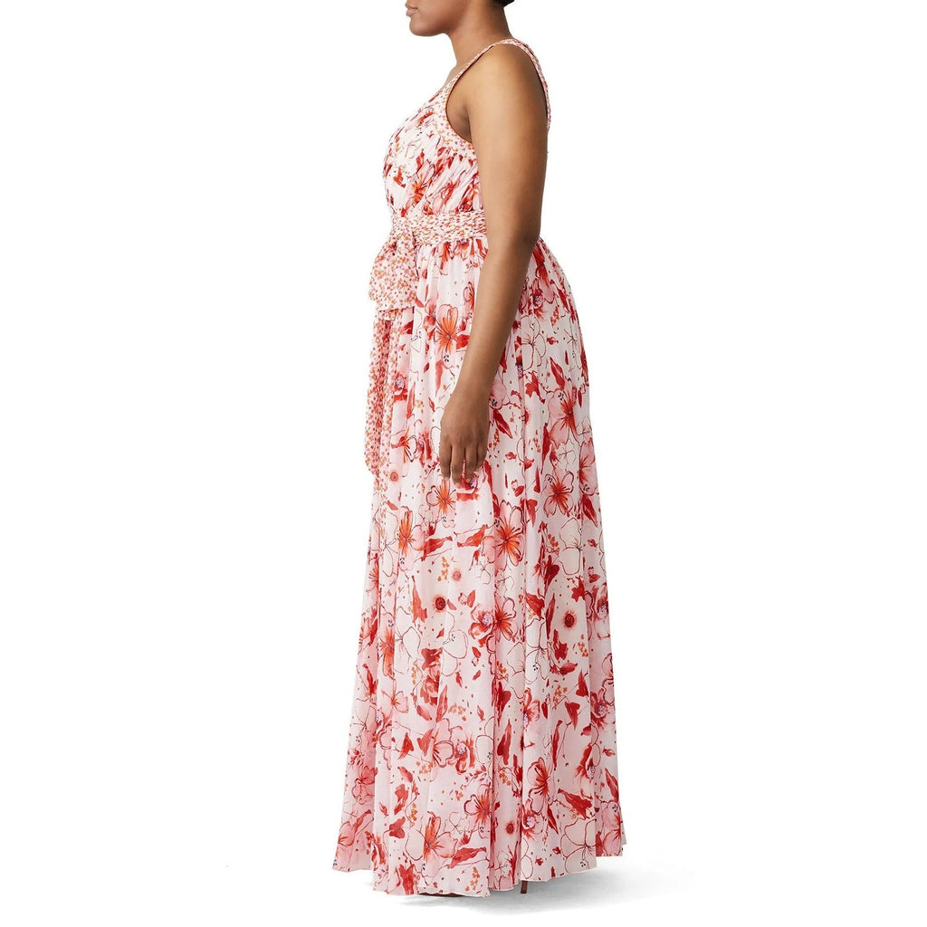 Badgley Mischka Size 14 Pink Floral Cris Cross Back Deep V Flowy Maxi Dress Gown