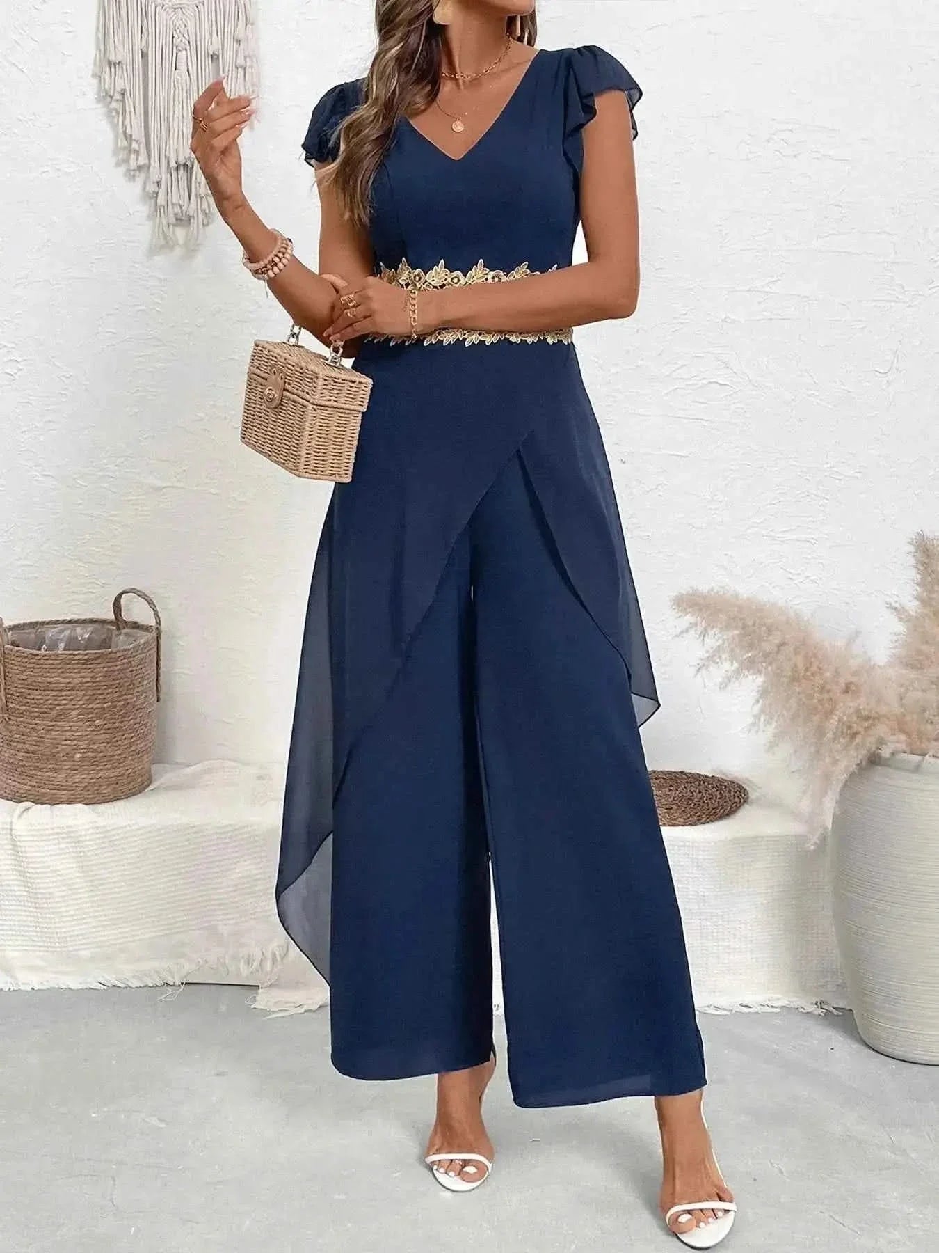 Stylish V-Neck Wide : Leg Jumpsuit
