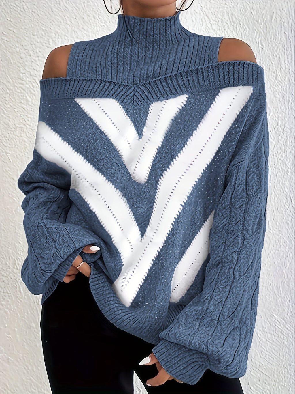 Elegant Plus Size Off Shoulder Striped Cable Knit Sweater