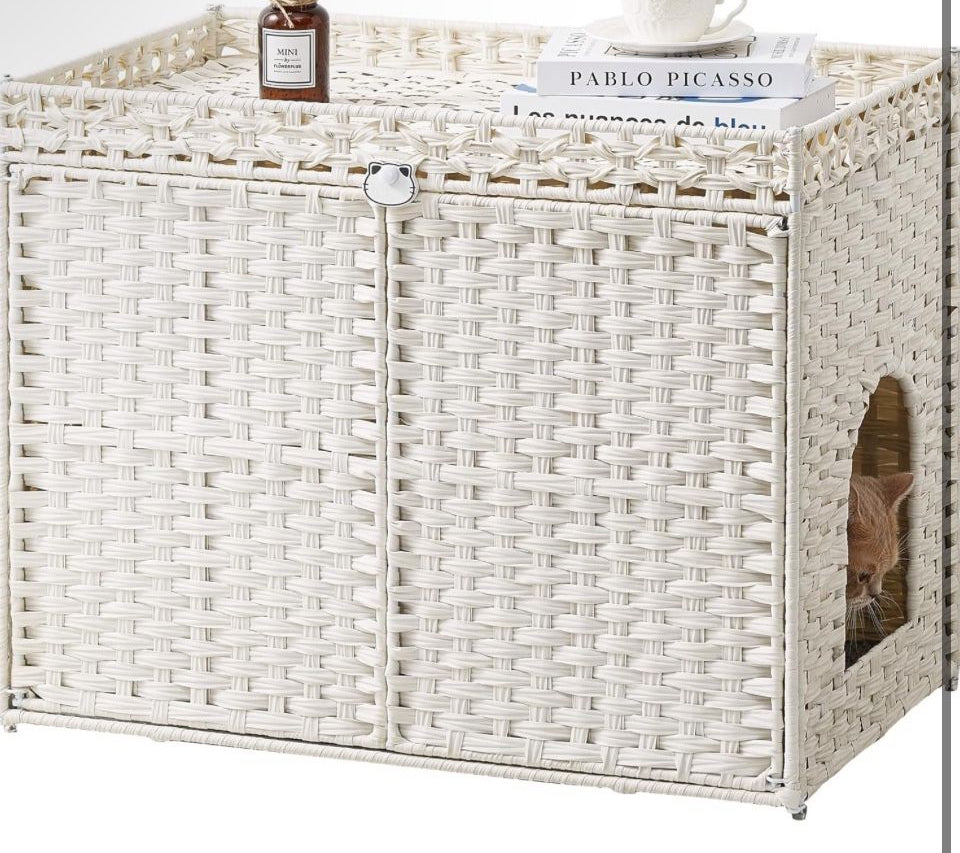 Brand New SETVSON Cat Litter Box Enclosure Furniture, Handwoven Rattan Hidden Litter Box with Mat, Large Space Cat House with
2 S-Shaped Hooks 30.3 x 18.3 x 24.4 Inches, Indoor for Living Room Apartment White
PABLO