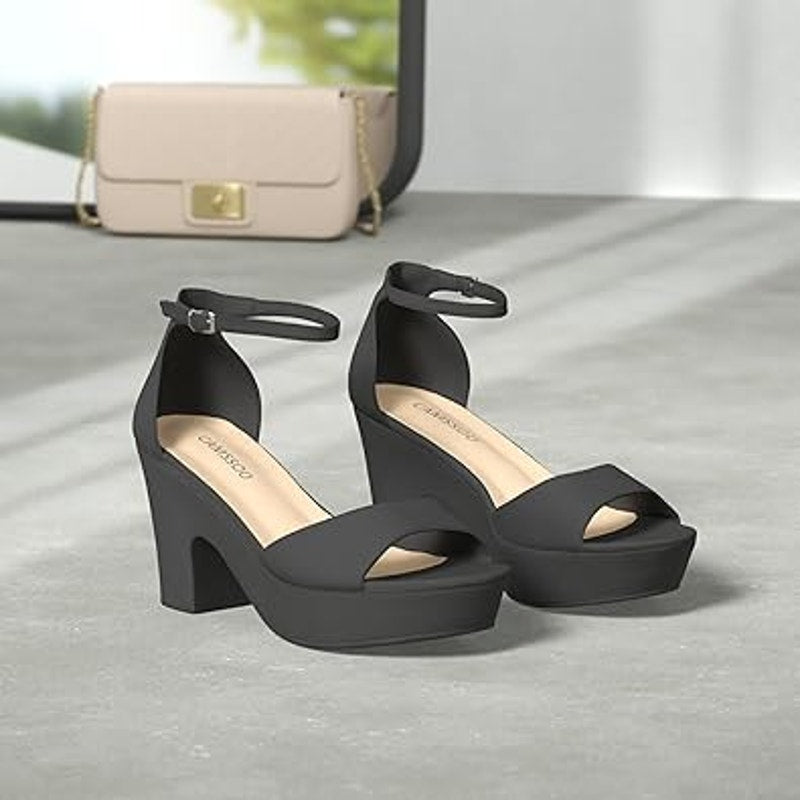 Camsoo Womens 7.5 Black Faux Suede Open Toe 3.75" Block Heel Ankle Strap Shoes