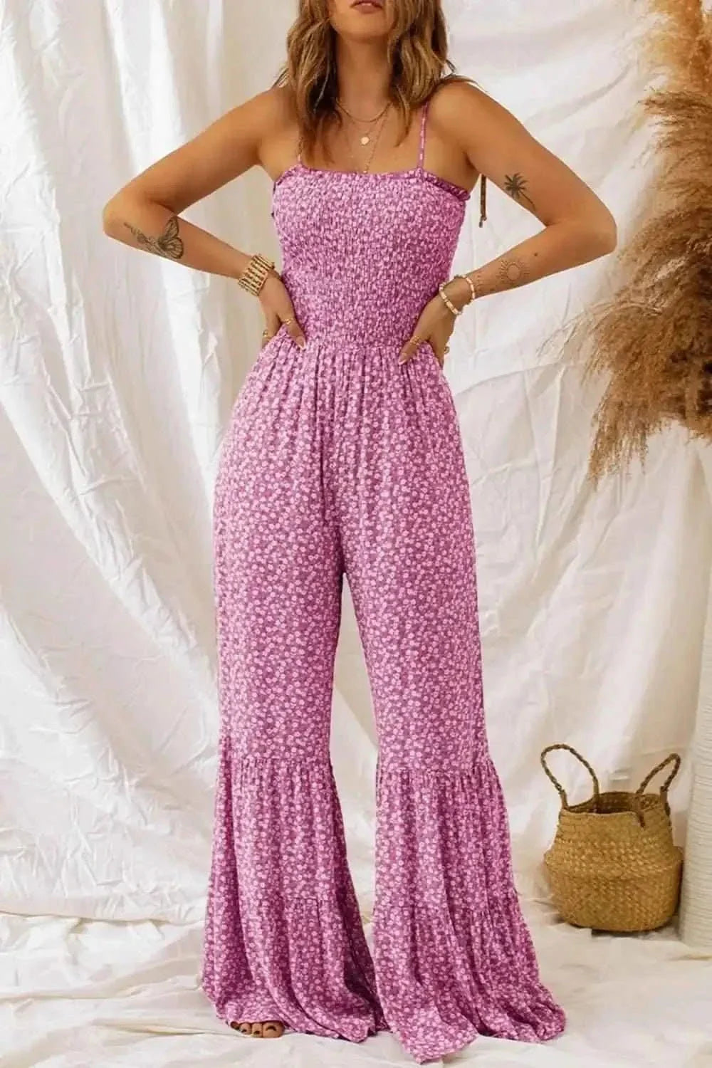 Smocked Printed : Wide Strap Jumpsuit