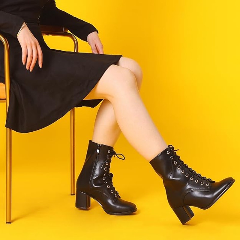 New Allegra K Womens Size 7 Black Faux Leather Lace Up 2.25" Chunky Heel Boots