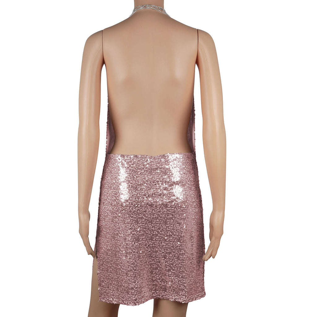 Sexy Women Chain Choker Side Slit Backless Slip Dress With Sequins