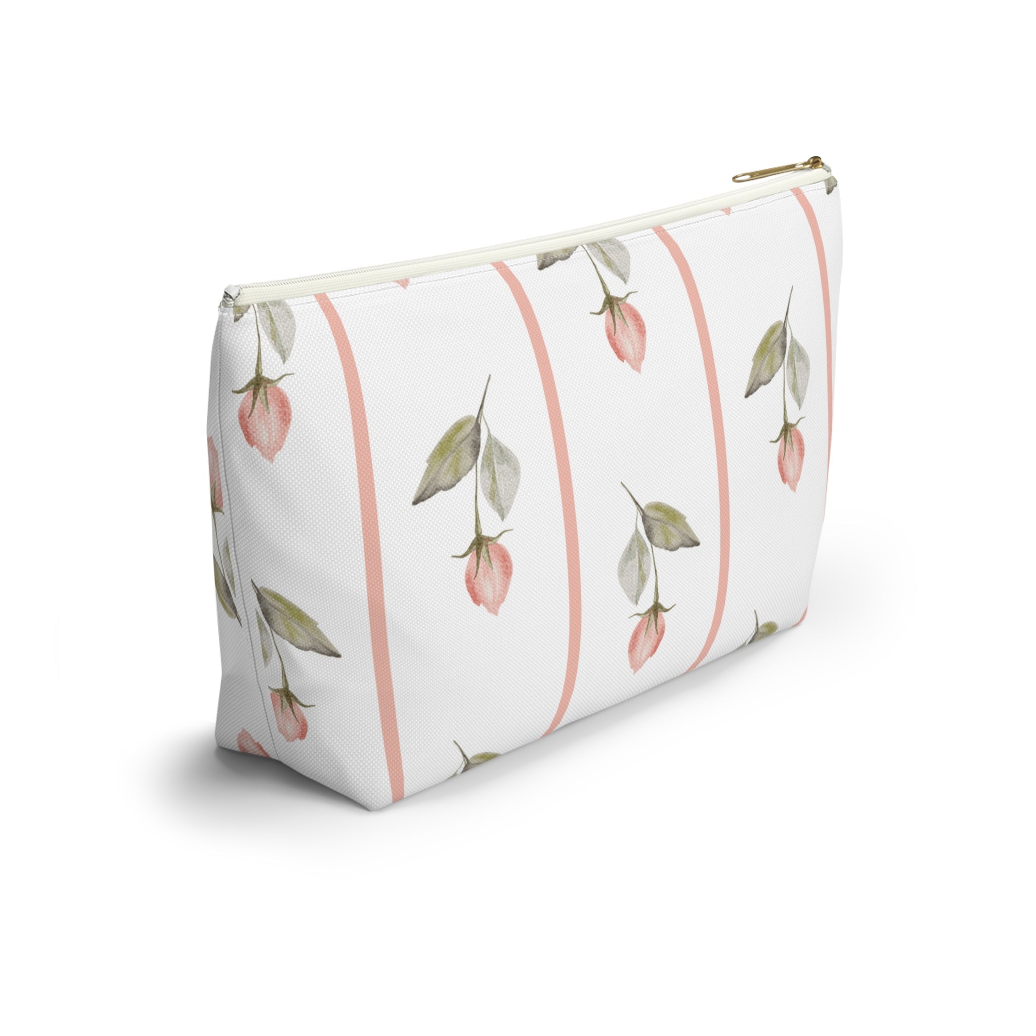 Customizable: Chic Floral Accessory Pouch for Women, Makeup Bag, Travel Toiletry Organizer, Gift for Her, Rose Striped Design