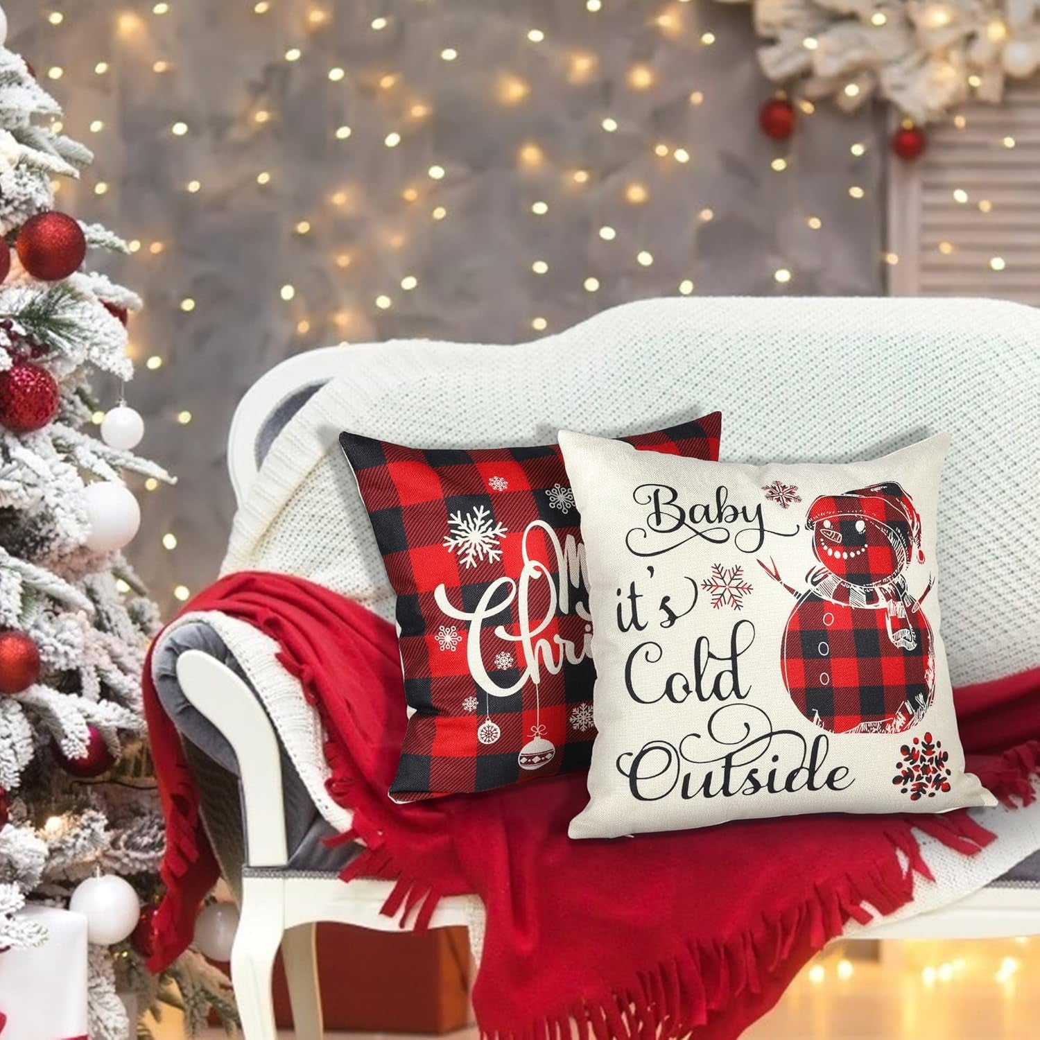 Christmas Pillow Covers 18×18 Inch Set of 4 Farmhouse Deer Pillowcase Black and Red Plaid Linen Throw Pillow Covers for Sofa Couch Christmas Decorations Cushion Pillow Case for Holiday Decor