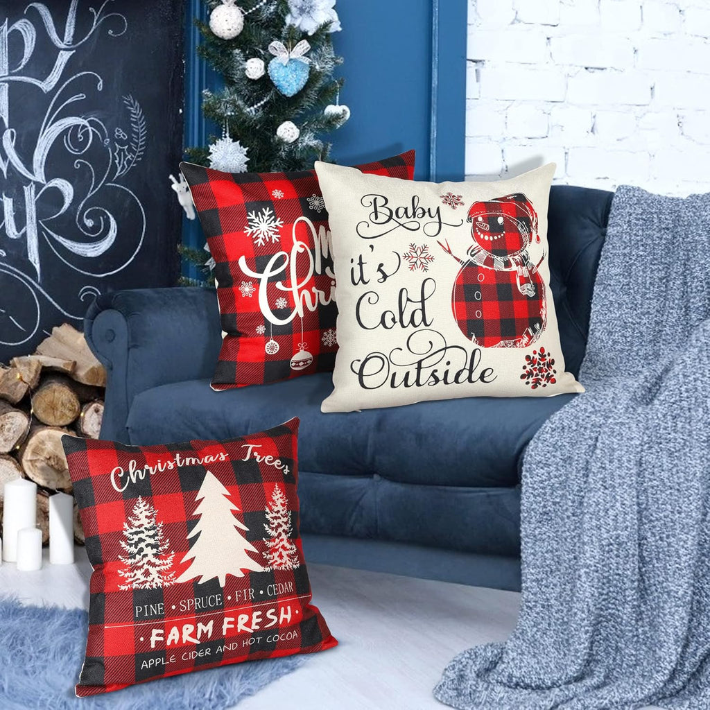 Christmas Pillow Covers 18×18 Inch Set of 4 Farmhouse Deer Pillowcase Black and Red Plaid Linen Throw Pillow Covers for Sofa Couch Christmas Decorations Cushion Pillow Case for Holiday Decor