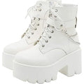 Cynllio Womens 8 White Faux Leather 3.5" Block Heel Platform Combat Ankle Boots