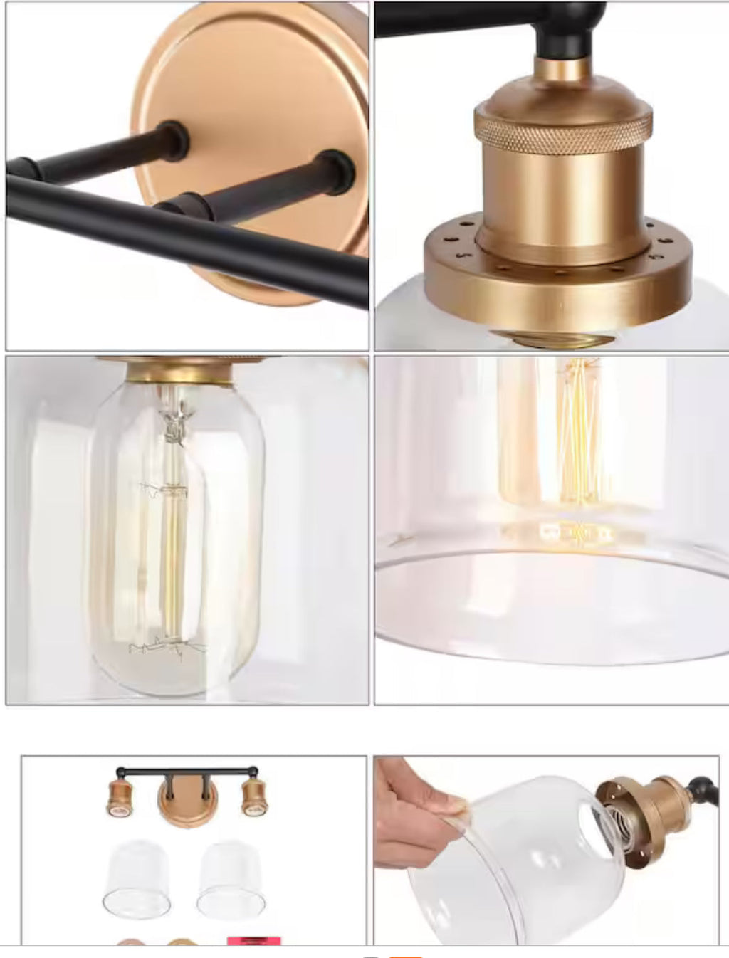 Uolfin Modern Dome Bathroom Vanity Light 2-Light Black and Brass Bell Wall Sconce Light with Clear Glass