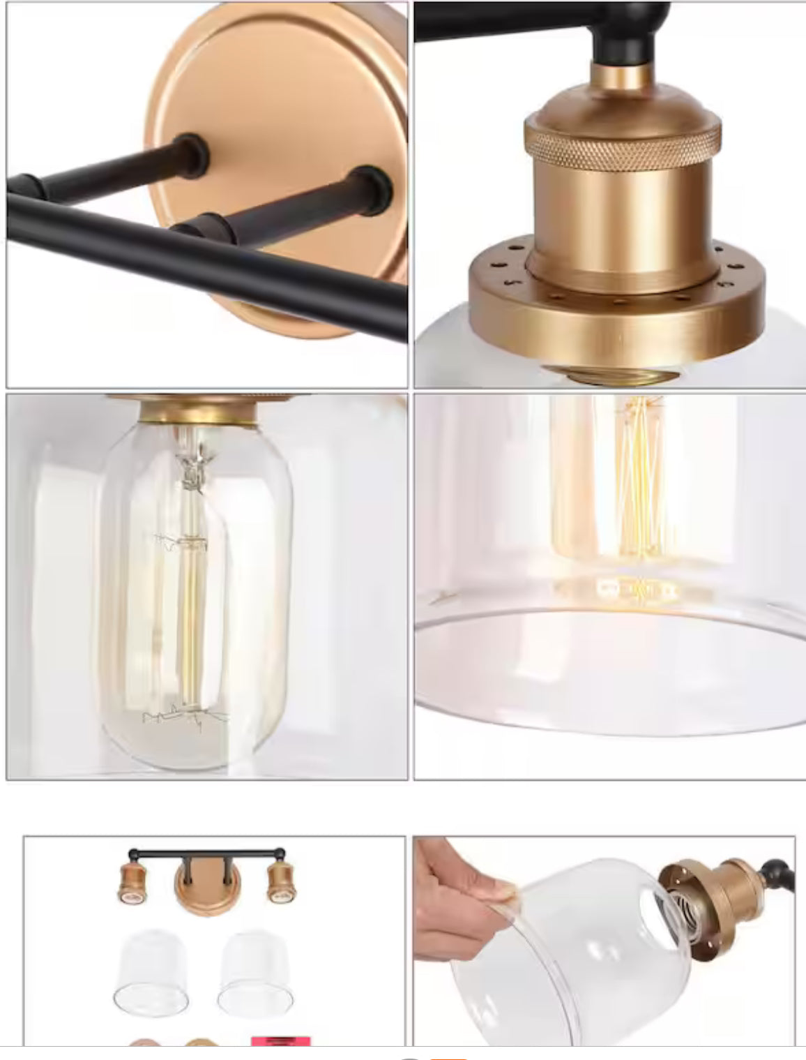 Uolfin Modern Dome Bathroom Vanity Light 2-Light Black and Brass Bell Wall Sconce Light with Clear Glass